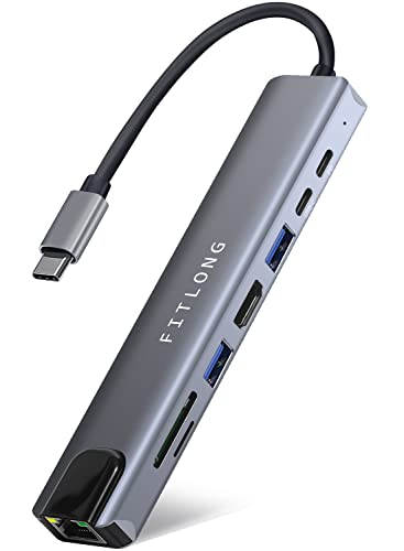 FITLONG 8-in-1 USB C Hub, USB C Adapter Docking Station mit 4K HDMI, LAN...