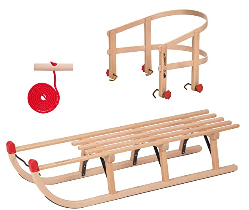 KS-Direkt Holzschlitten 110cm Schneeschlitten Schlitten Rückenlehne Zugseil...