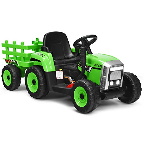 GOPLUS Kinder Elektrischer Traktor mit Anhänger, 3-Gang Elektrofahrzeug mit...