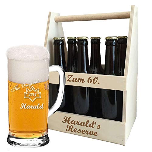 Bierkrug + Holz-Bierträger + inklusive kostenloser Gravur | personalisiertes...