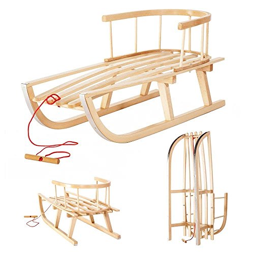 IMPWOOD Holzschlitten mit Rückenlehne und Zugseil Schlitten aus Holz...