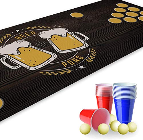 Beer Pong Set I 180 x 60 cm I Spielfeldmatte mit Bierkrug Design I Inkl. 22...