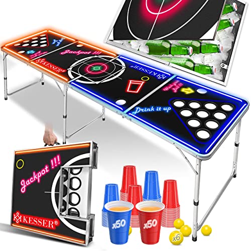 KESSER® Beer Pong Tisch Set Inkl. Eisfach Mit LED-Action - inkl. 100 Becher (50...