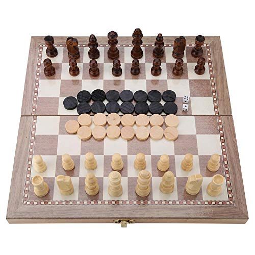 Klappbar Schachbrett, 3-in-1-Schach aus Holz, das Schach, Dame und Backgammon...