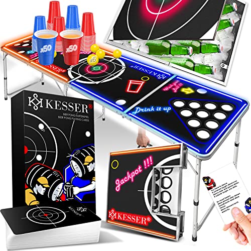 KESSER® Beer Pong Tisch Set mit Kartenspiel Trinkspiel Inkl. Eisfach LED-Action...