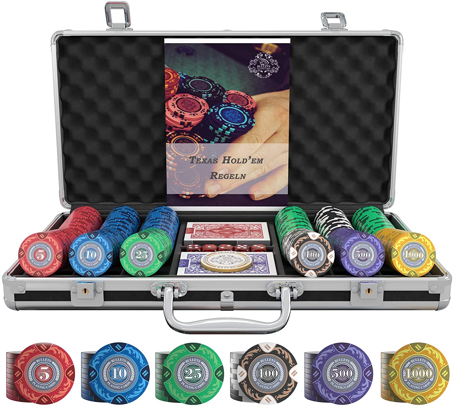Pokerkoffer für 1000 Poker Chips Poker Set m Zubehör Pokerkarten Würfel Buttons